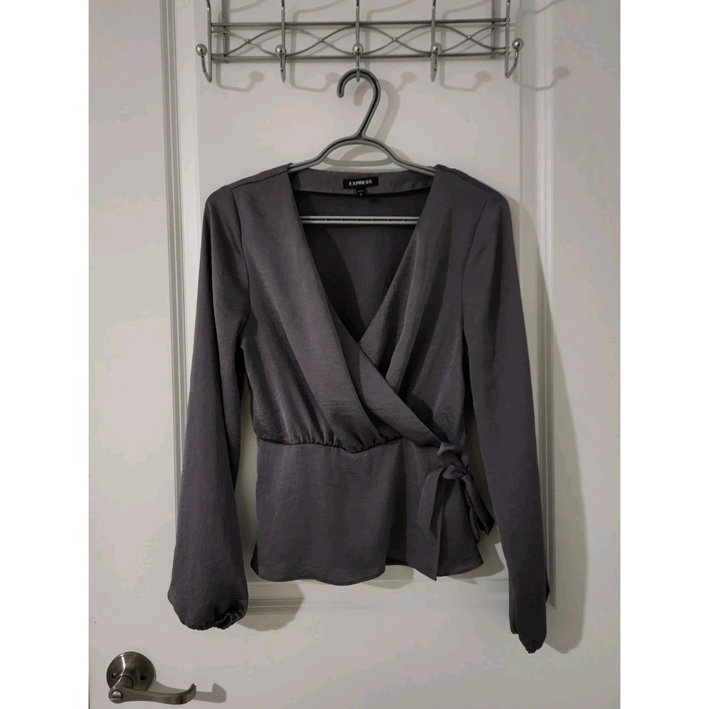 Express Women's‎ Long Sleeve Charcoal Wrap Blouse with Side Tie Size S